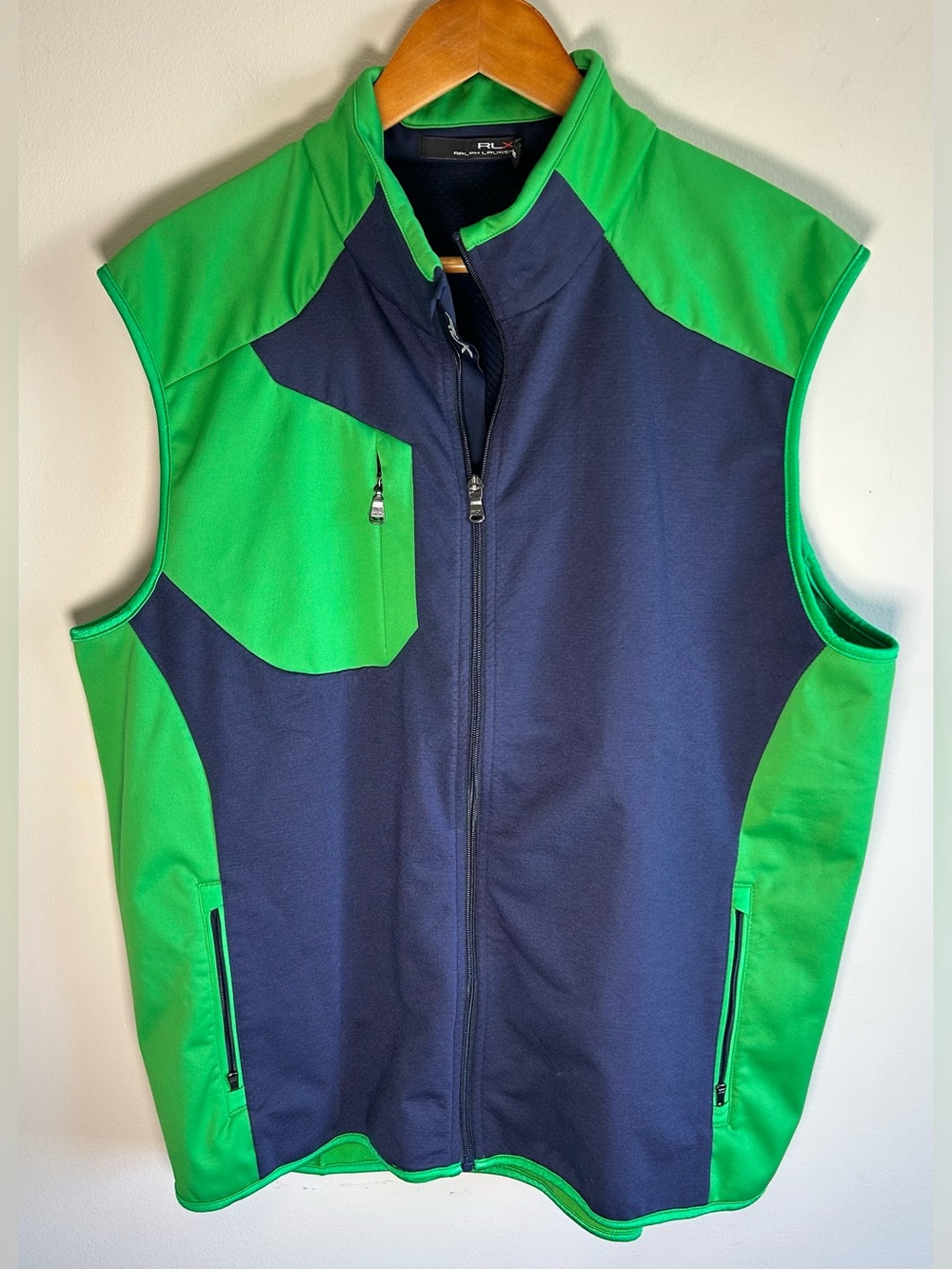 Ralph Lauren RLX Full Zip Vest Mens XXL Green Navy Blue Sleeveless Golf Pockets